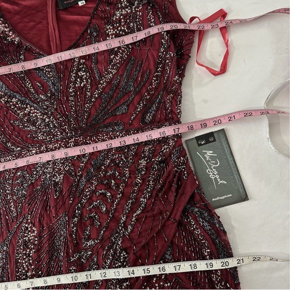 NWT $598 Mac Duggal [ 16 ]‎ Intricate Beaded V-Neck High Slit Gown Burgundy Red - Picture 13 of 15